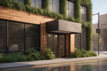 Modern building exterior with wood siding, green wall, and glass storefront.