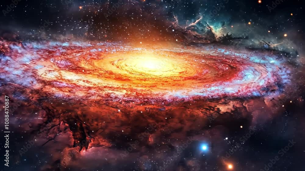 Poster a magnificent galaxy is displayed with vibrant swirling colors and bright stars shining against the 