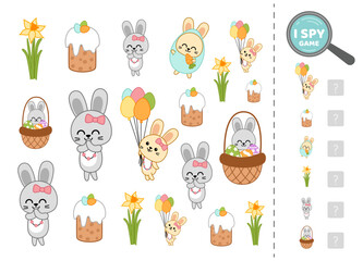 I spy game for kids with girl bunny. Search and count how many. Math game. Isolated vector illustration eps 10
