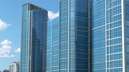 Modern glass skyscrapers reflecting the sky in an urban setting.
