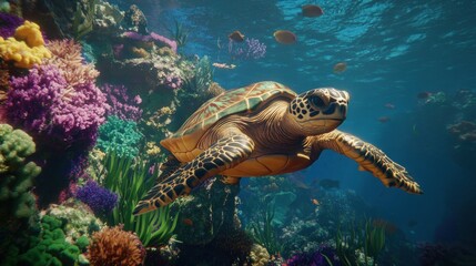 Fototapeta premium Sea Turtle in Vibrant Coral Reef