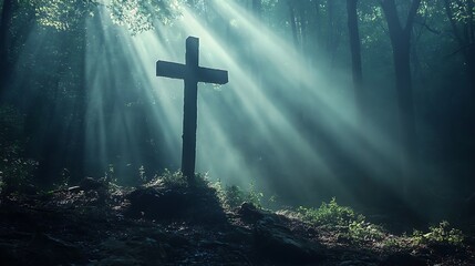Naklejka premium Silhouette of a Christian cross combined with a forest landscape shrouded in mist, the trees partially hidden by the fog, soft beams of light creating a halo effect around the cross,