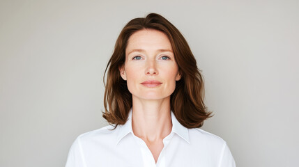 Confident businesswoman in white shirt against neutral background