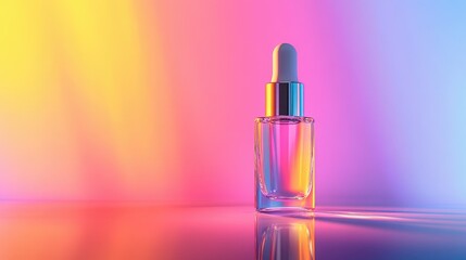 Elegant glass dropper bottle filled with a colorful serum against a vibrant gradient background, creating a beautiful and calming atmosphere for beauty and skincare themes.