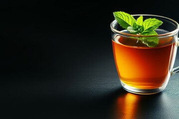 A glass of aromatic tea with fresh mint leaves, set against a dark background, showcasing its warm amber color.