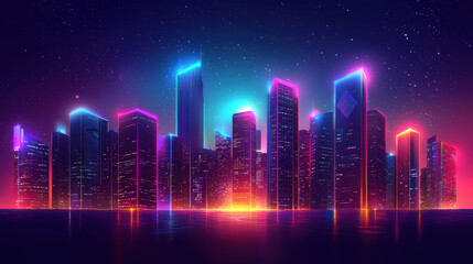 Naklejka premium Illustration of a futuristic cityscape at dusk. Urban environment. Bright neon lights.