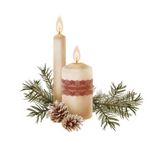 Vintage wax candles in Christmas arrangement with flame,red openwork lace ribbon,fir cones and spruce sprigs.Hand drawn illustration isolated on white background for greetings,cards and invitations