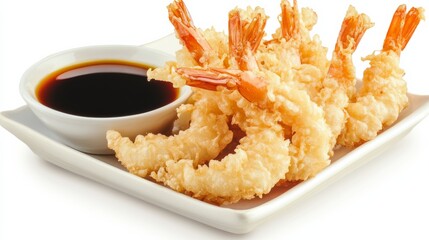 A plate of crispy tempura shrimp served with a side of soy dipping sauce, Each shrimp perfectly battered and fried to golden-brown perfection