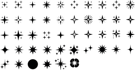 A collection of minimalist black sparkle or twinkle icons, each with unique geometric shapes and slight variations in size.