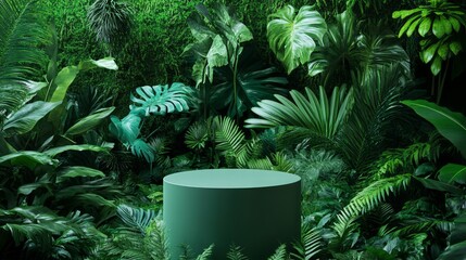 Green pedestal in tropical forest for product presentation and yellow wall, Generative AI.