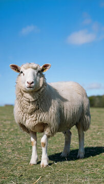 Sheep is standing in a field with a blue sky in the background