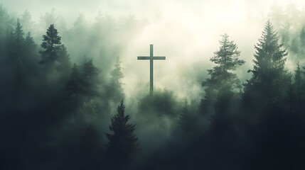 Obraz premium Silhouette of a Christian cross intertwined with a foggy forest on a mountain slope, the mist rising through the trees, soft light creating a halo effect around the cross, mystical and tranquil scene,