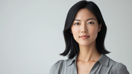 Confident Asian woman in her 30s with medium-length hair, wearing a gray blouse, posing in a professional portrait with a neutral background, exuding ambition and poise.