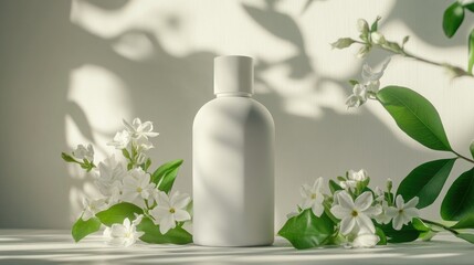 Minimalist White Bottle Surrounded by Fresh Green Leaves and Delicate White Flowers Illustrating Natural and Organic Beauty and Care Products
