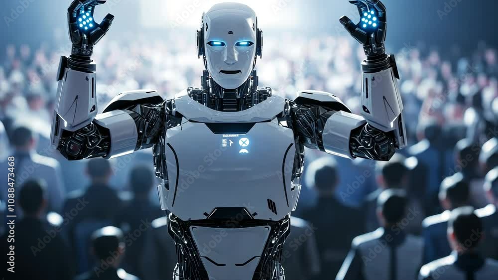 Poster a robotic figure engages a captivated audience at a technology event, showcasing advanced features a