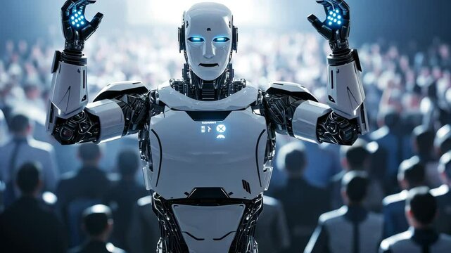 A robotic figure engages a captivated audience at a technology event, showcasing advanced features and responsiveness during an interactive presentation.