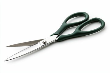 Obraz premium Green-handled scissors on white background.