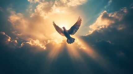 Fototapeta premium Silhouette of a Christian cross merged with a dove flying upward, the bird’s outline highlighted by beams of sunlight breaking through the clouds, tranquil and spiritual scene,
