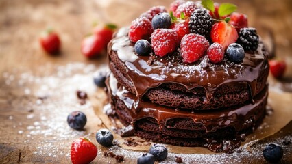 Chocolate cake topped with assorted berries and powdered sugar on wooden surface
