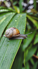 Small brown and tan snail is on a leaf