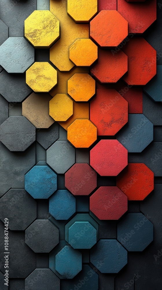 Poster abstract arrangement of colorful hexagonal shapes on a textured background.
