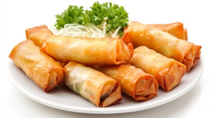 A plate of crispy vegetable spring rolls with shredded cabbage, carrots, mushrooms