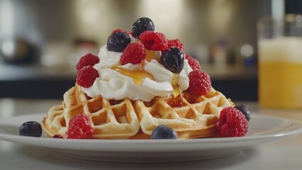 Plate of Waffles with Berries and Whipped Cream