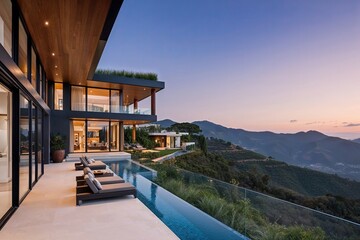 Fototapeta premium Panoramic views of a lavish hillside eco-villa featuring a modern facade and exclusive luxury retreat