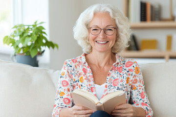 Portrait of a happy senior woman sitting on a cozy sofa - Powered by Adobe