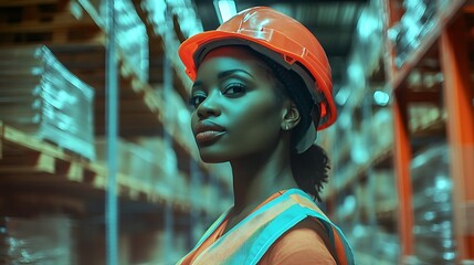 Confident Female Construction Worker in a Warehouse Setting AI Generated