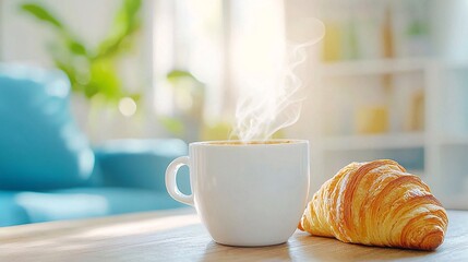 Coffee bakery roast concept.A warm cup of coffee sits beside a golden croissant, bathed in soft morning light, creating a cozy and inviting breakfast scene.