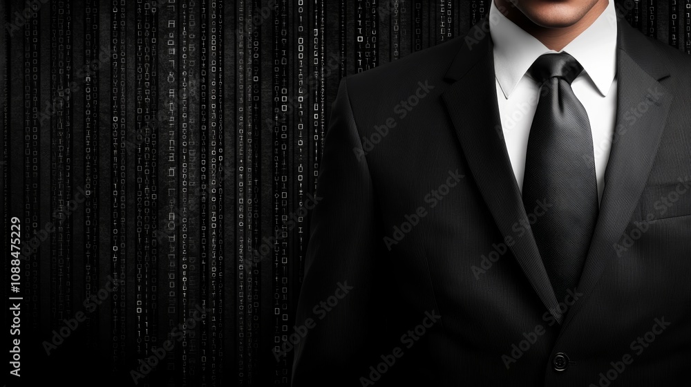 Poster decoding success, businessman navigating the digital landscape of binary code in modern corporate wo