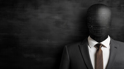 Masked man in business suit and tie, a portrait of corporate anonymity mystery in the professional world
