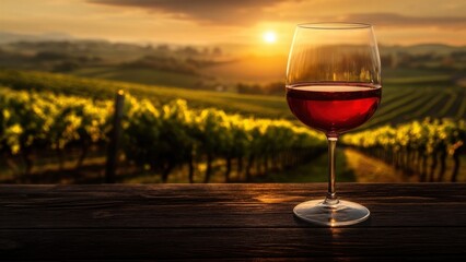 Glass of Red Wine with Vineyard at Sunset