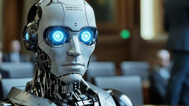 A humanoid robot participates in a courtroom debate discussing the ethical implications of artificial intelligence technology. Experts and the public engage with important questions.