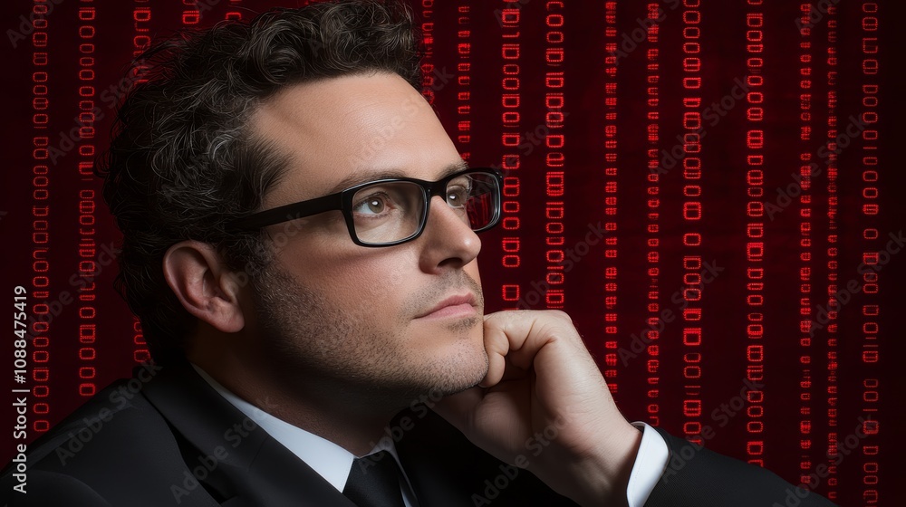 Poster businessman in suit and glasses analyzes glowing stream of binary code in futuristic technological s