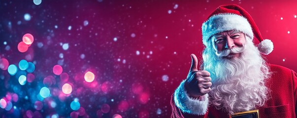 Merry Christmas with Father Christmas thumbs up. Winter celebration festive decorations with snowflake background banner. Generative Ai