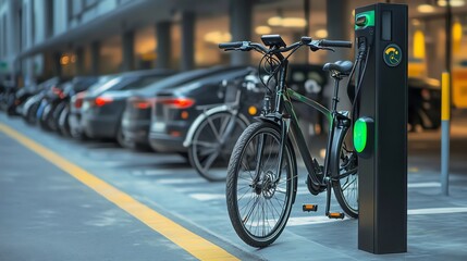 An e-bike is parked next to a charging station.