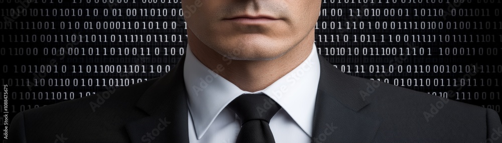 Poster businessman in suit stands before binary code, navigating the digital transformation in the corporat
