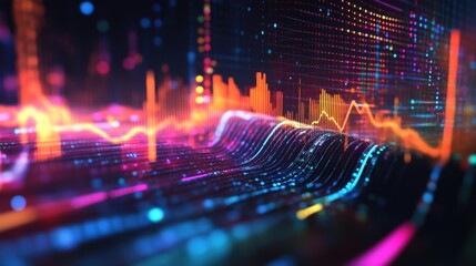 Fototapeta premium An abstract image of soundwaves visualized on a screen with colorful lines and patterns, representing audio frequencies and effects, sound analysis, audio visualization, digital sound design, 