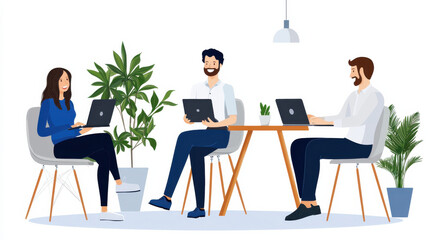 team of employees happily collaborating in modern office setting