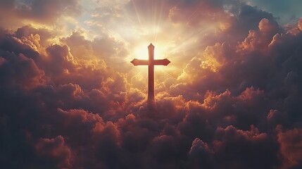 Fototapeta premium Christian cross blended with a sky filled with dramatic clouds, sunlight breaking through in radiant beams, the rays illuminating the cross silhouette, tranquil and majestic mood,