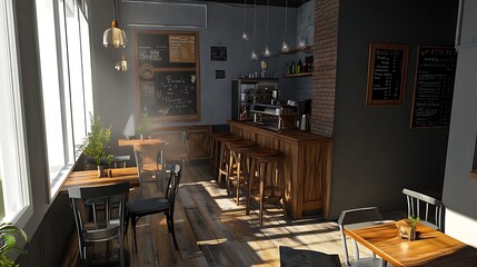 Sunlit Coffee Shop Interior Wooden Furnishings and Menu Boards