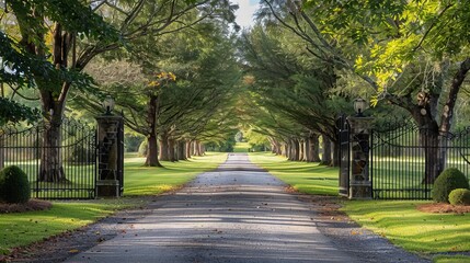 Obraz premium Tree-lined driveway leads to a country home, visible through black iron gates.
