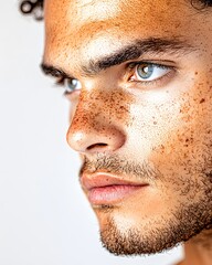 Fototapeta premium Close-up of a man with vitiligo, gentle morning light, soft expression, warm tones, showcasing unique skin patterns and strength