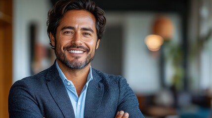 Obraz premium Confident Latin businessman with arms crossed, smiling against a white background.