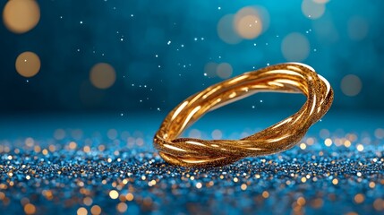 Sparkling Gold Ring on Blue Glitter Luxury Jewelry Festive Elegant