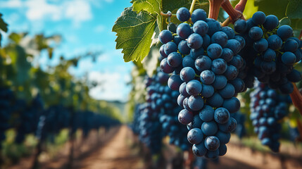 Close-up of ripe blue grapes hanging in a vineyard under a bright blue sky