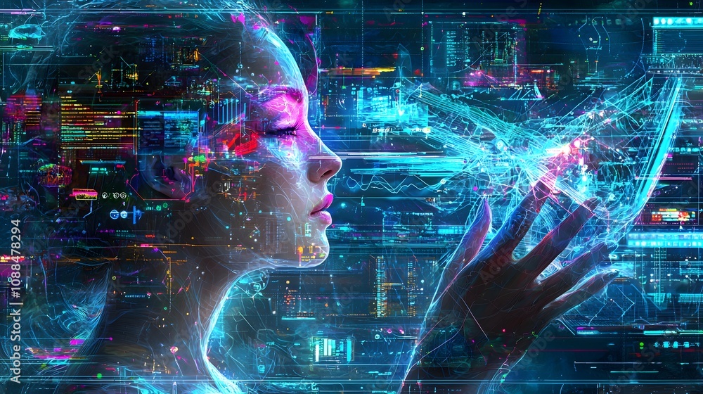 Poster Digital interaction with ai futuristic cityscape art piece virtual environment side view technology concept