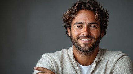 Obraz premium Young Caucasian businessman smiling and pointing to the side, showing a blank space, isolated on a white background.